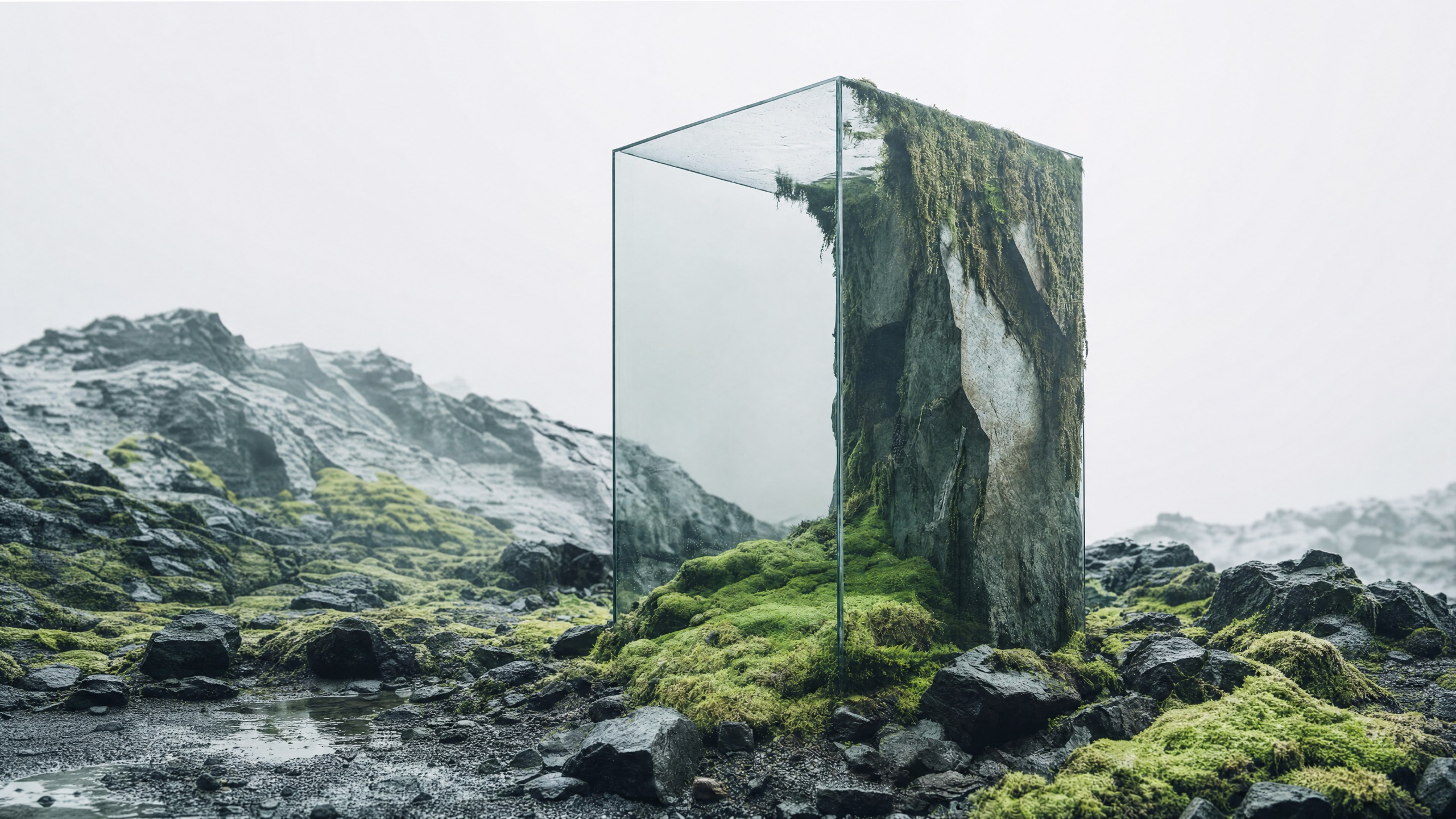 A glass enclosure framing raw stone in a misty landscape