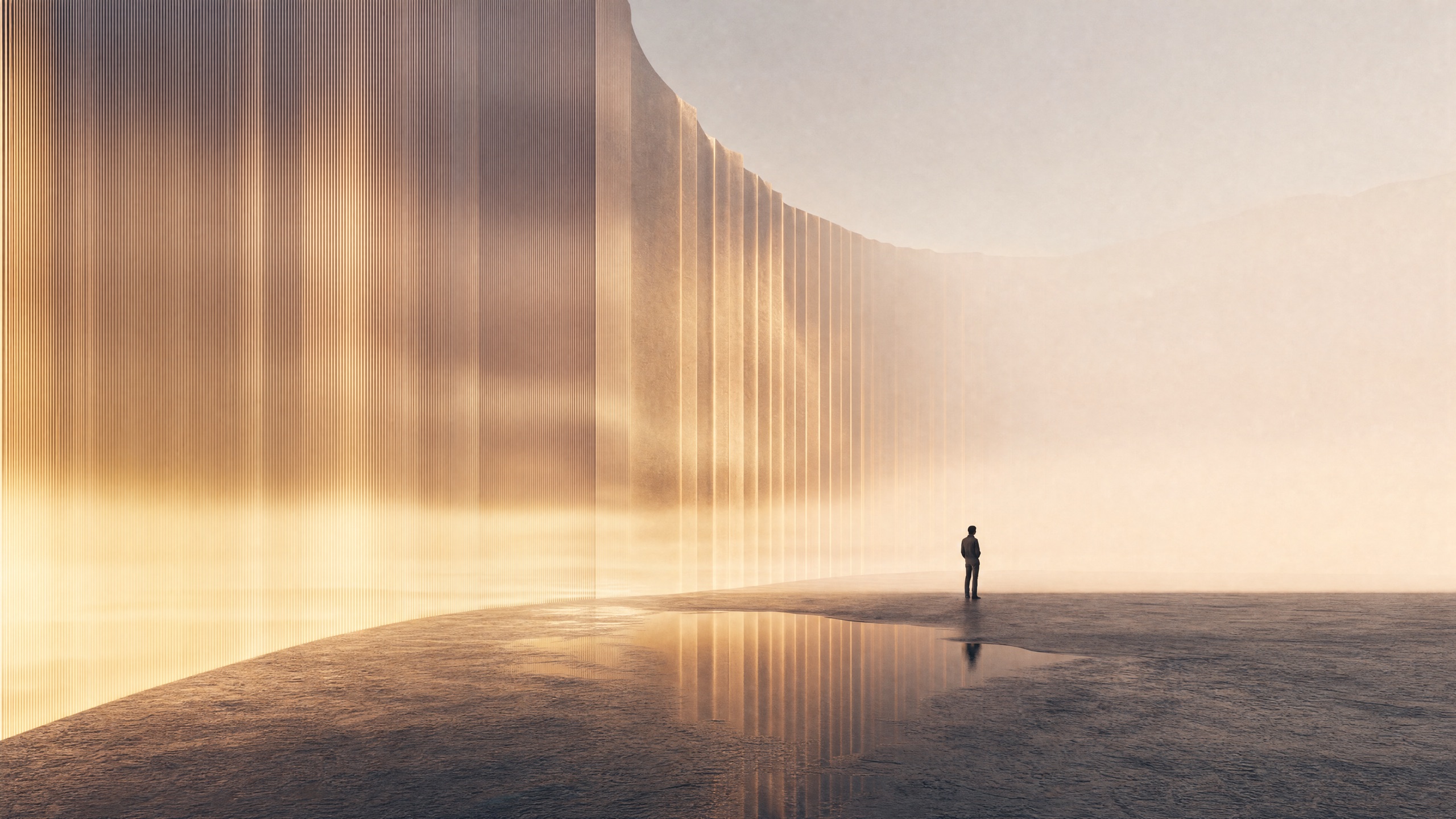 A figure before a luminous golden monolith